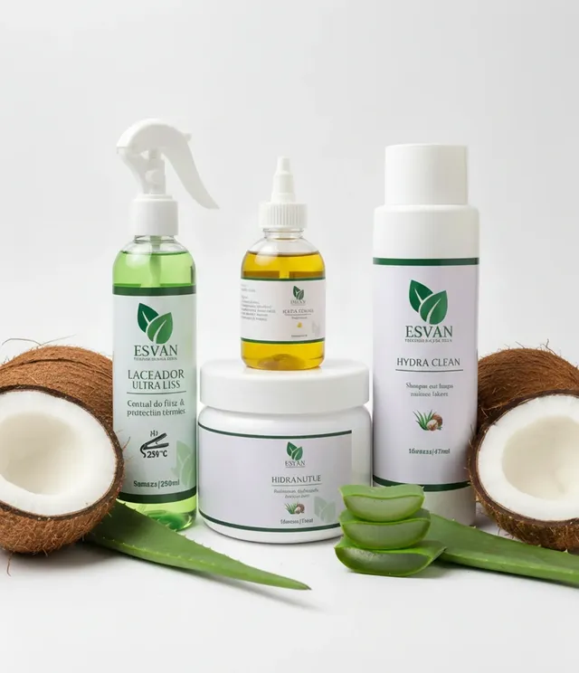 Productos ESVAN Hydra Clean, HidraNutre y Laceador Ultra Liss junto a aloe vera y coco